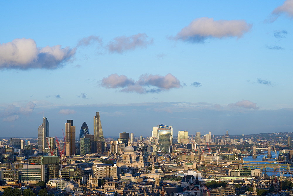 Vew of London skyline and the River Thames from the top of Centre Point tower across to the The Shard, The Gerkin, Tate Modern and Tower Bridge, London, England, United Kingdom, Europe