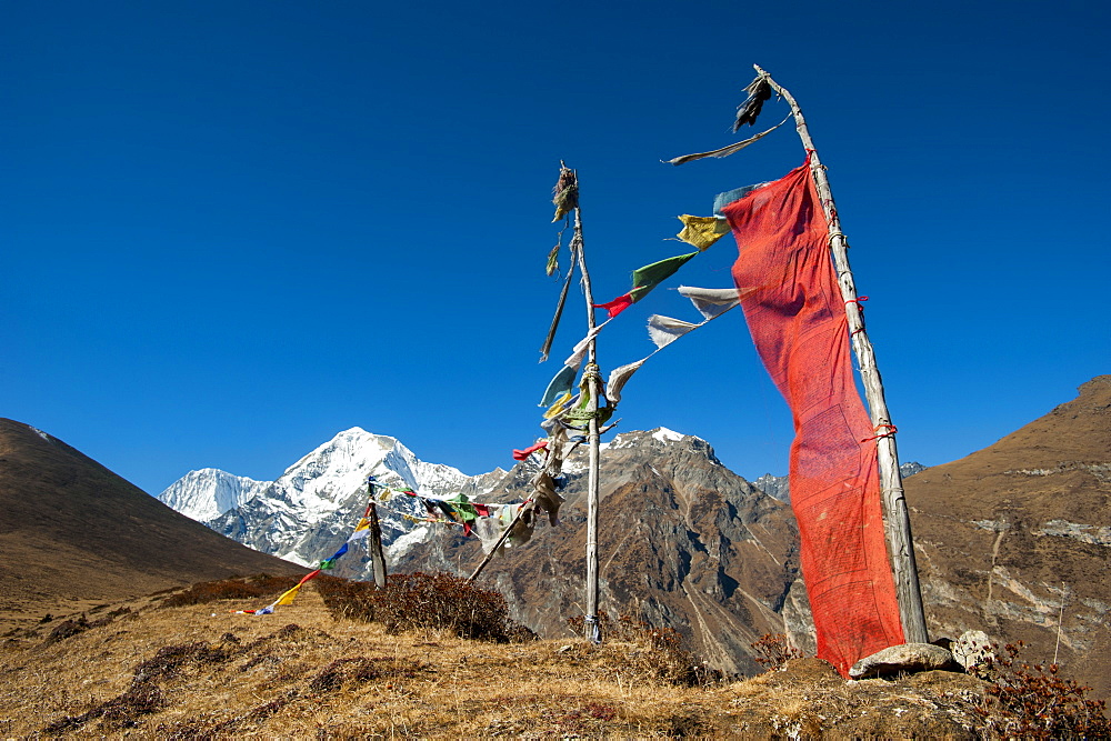 Prayers flags on the Lasa-Gasa trekking route, Thimpu District, Bhutan, Asia