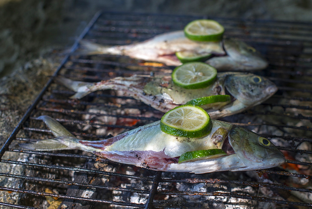 Fish barbecue on the beach at Castara Bay on the Caribbean island of Tobago, Trinidad and Tobago, West Indies, Caribbean, Central America