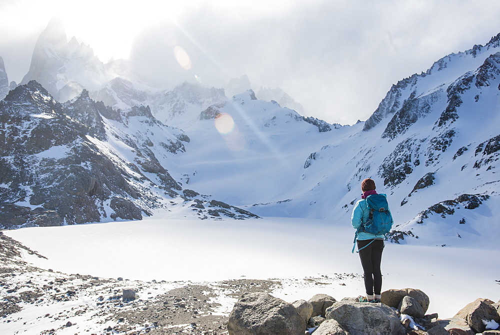 Trekking in El Chalten National Park with views over Laguna Sucia of Mt. Fitzroy and Cerro Torre, Patagonia, Argentina, South America