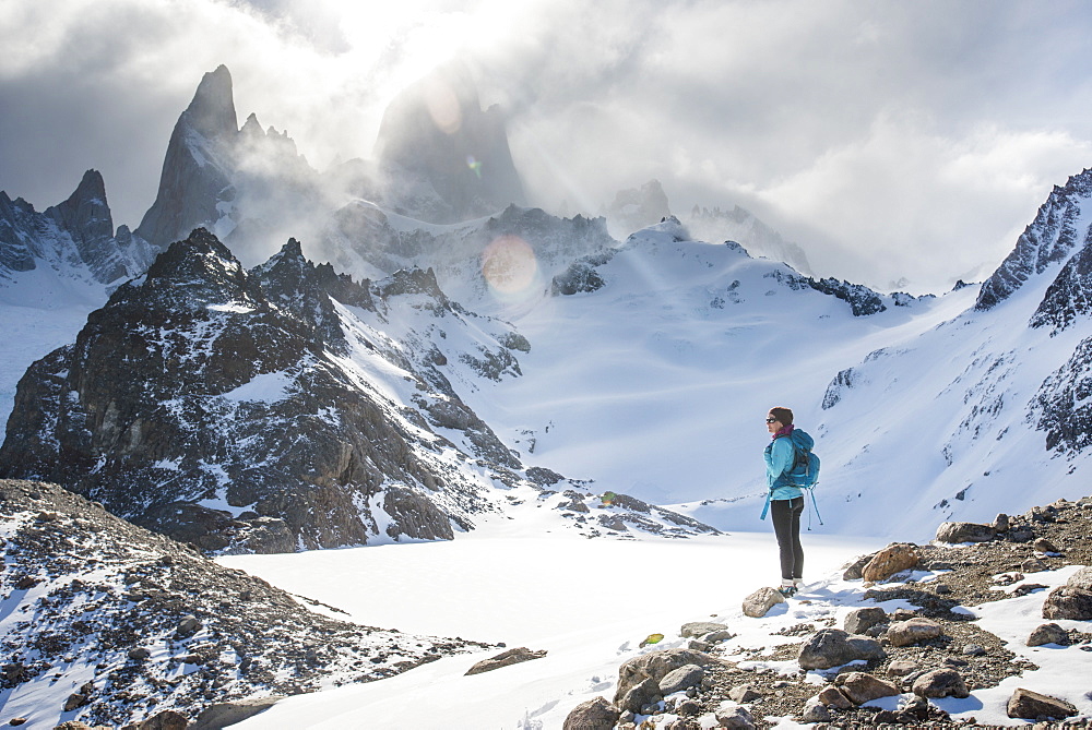 Trekking in El Chalten National Park with views over Laguna Sucia of Mt. Fitzroy and Cerro Torre, Patagonia, Argentina, South America