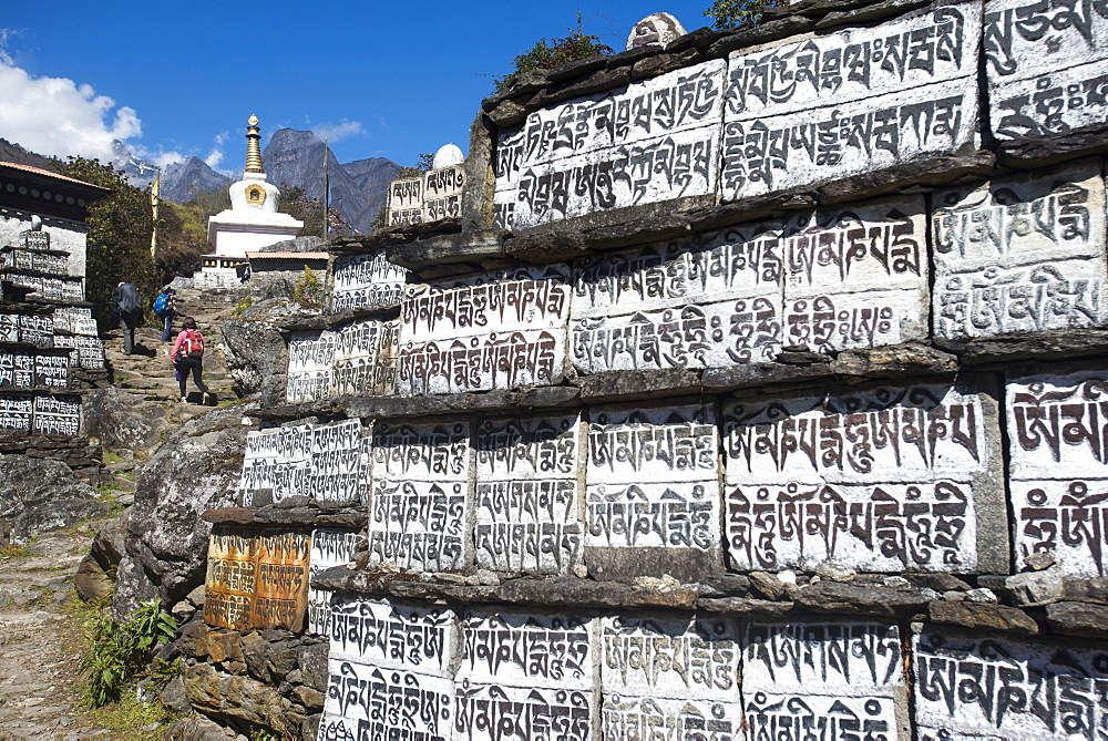 Mani stones inscribed with an ancient Buddhist mantra decorate the trail to Everest Base Camp, Khumbu Region, Nepal, Himalayas, Asia