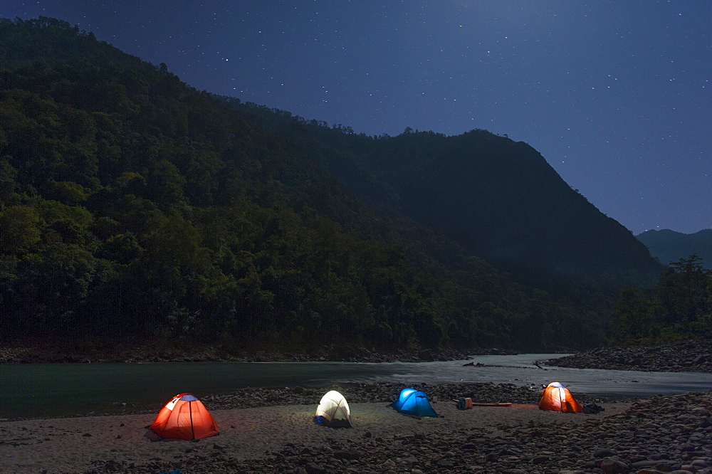 Camped along the banks of the Karnali River during a rafting trip, Nepal, Himalayas, Asia