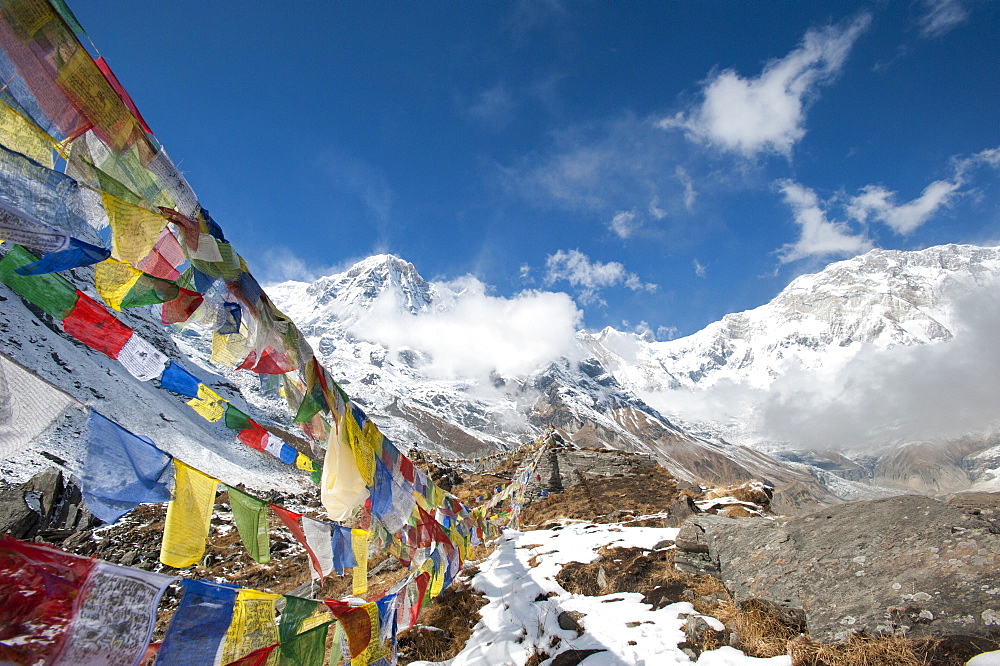 Buddhist prayer flags at Annapurna Base Camp, Nepal, Himalayas, Asia