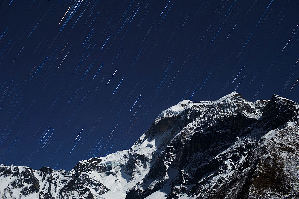 Star trails in the Manaslu region, Nepal, Himalayas, Asia