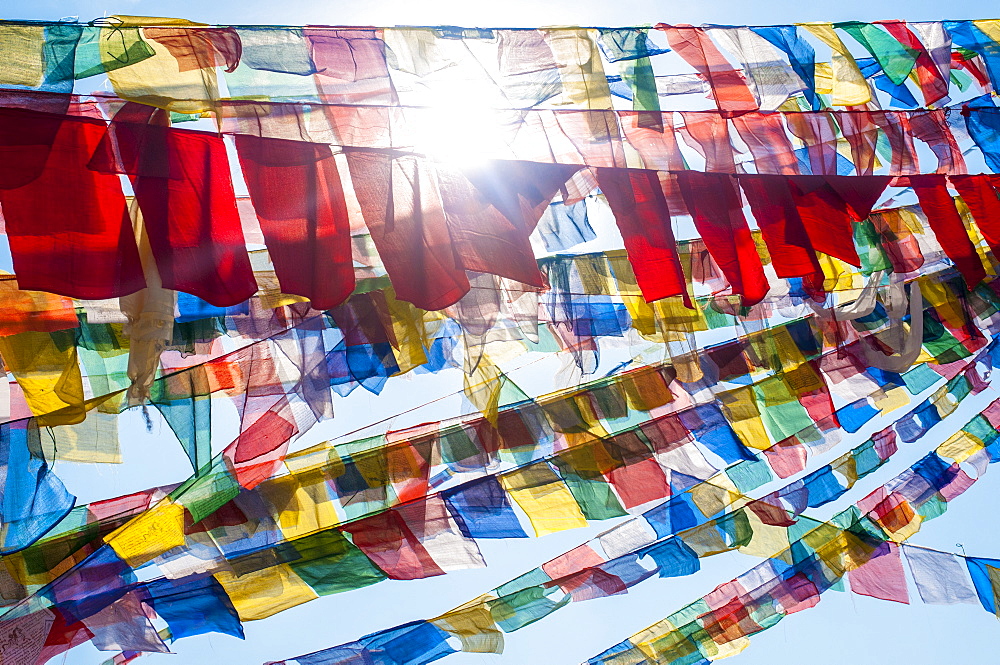 Bouddha (Boudhanath) (Bodnath) in Kathmandu is covered in colourful prayer flags, Kathmandu, Nepal, Asia