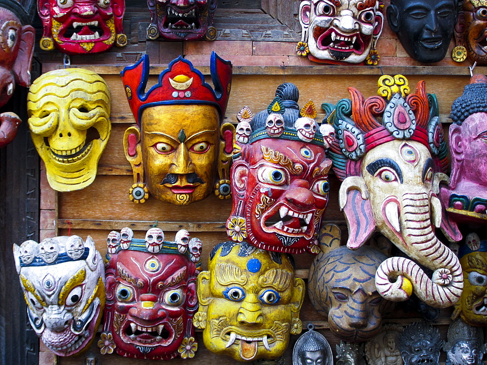 Painted face masks on display in the historical Newar city of Bhaktapur, Nepal, Asia