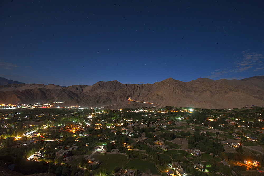 Leh, the capital city of Ladakh glows at night, Ladakh, India, Asia