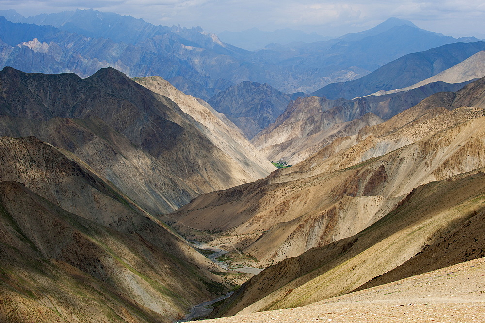 View from the top of the Konze La at 4900 m during the Hidden Valleys trek in Ladakh, Himalayas, India, Asia