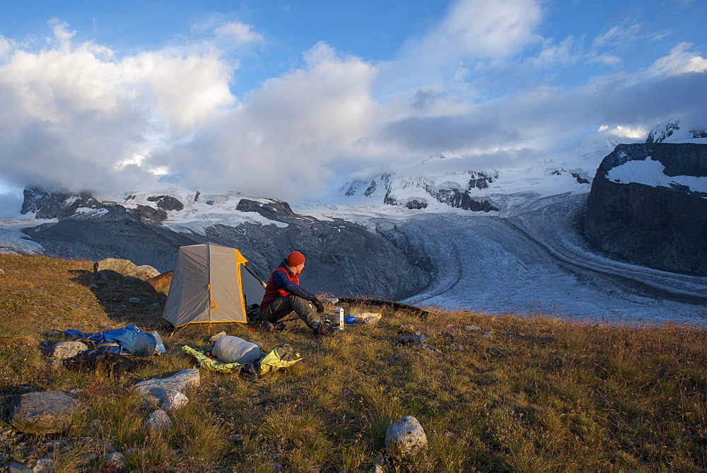 Camped beside the Gorner Glacier in Switzerland with views of Monte Rosa in the distance, Zermatt, Valais, Switzerland, Europe