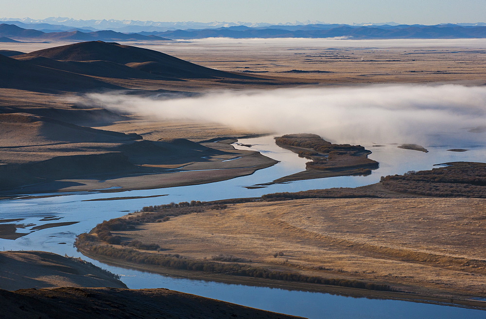 The Yellow River (Huang He) at 5464 kilometers, the second longest river in China, after the Yangtze, and the sixth-longest in the world, at sunrise, Sichuan Province, China, Asia