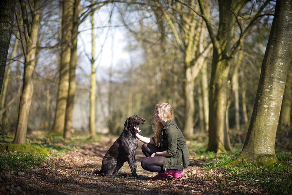 A girl takes her German short-haired pointer for a walk in woods near Ashmore in Dorset, England, United Kingdom, Europe