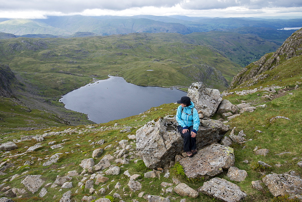 Looking down on Stickle Tarn near Great Langdale in the Lake District, Cumbria, England, United Kingdom, Europe