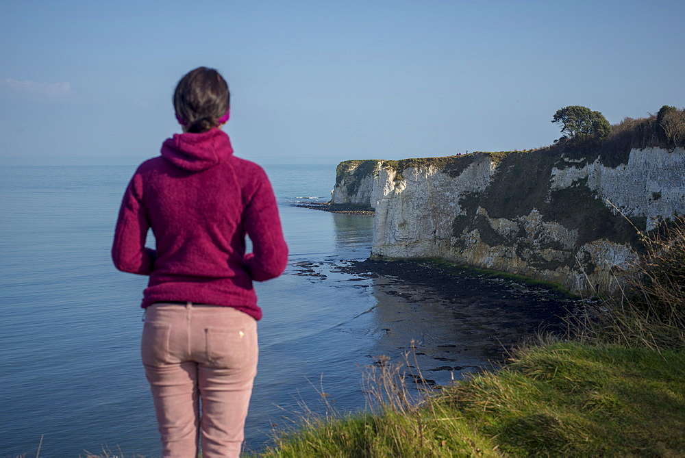 A woman looks out at Old Harry Rocks at Studland Bay, Jurassic Coast, UNESCO World Heritage Site, Dorset, England, United Kingdom, Europe