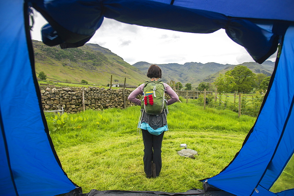 A view from the tent before setting off for a walk in Great Langdale, Lake District National Park, Cumbria, England, United Kingdom, Europe