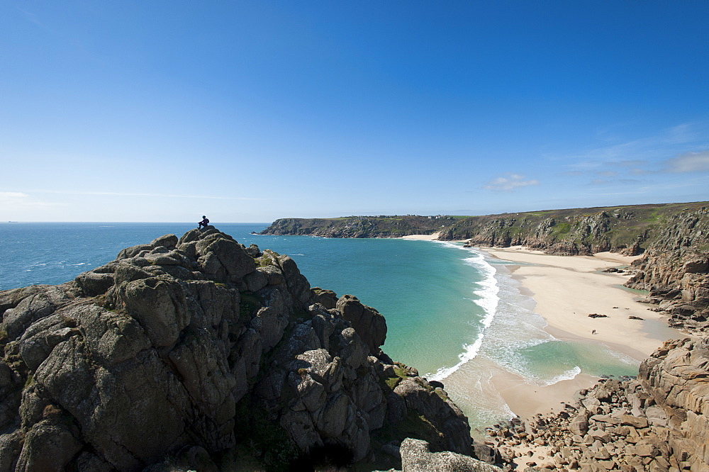 Standing near Logan Rock at the top of Treen Beach, Cornwall, the westernmost part of the British Isles, England, United Kingdom, Europe