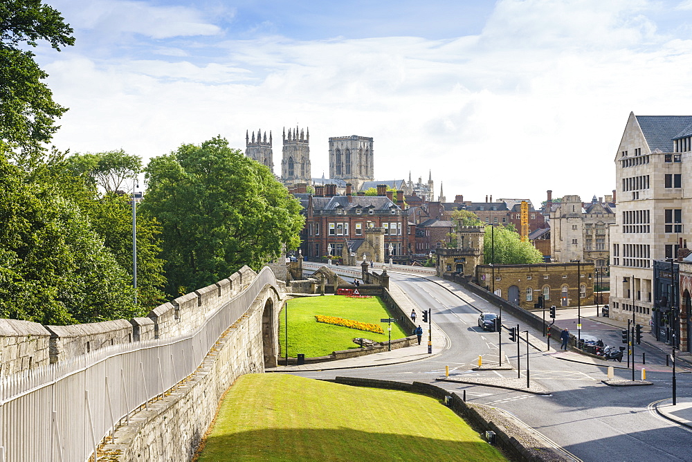 Medieval city walls and York Minster, York, North Yorkshire, England, United Kingdom, Europe