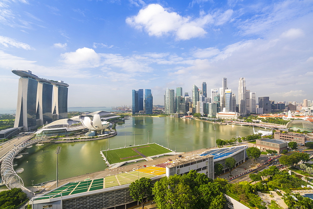 View over Singapore skyline around Marina Bay with Marina Bay Sands, ArtScience Museum and skyscrapers of the financial district, Singapore, Southeast Asia, Asia