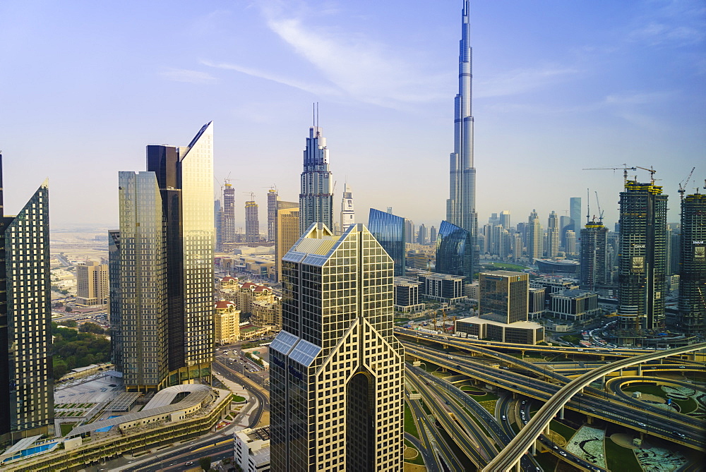 Burj Khalifa and Sheikh Zayed Road Interchange, Downtown Dubai, Dubai, United Arab Emirates, Middle East