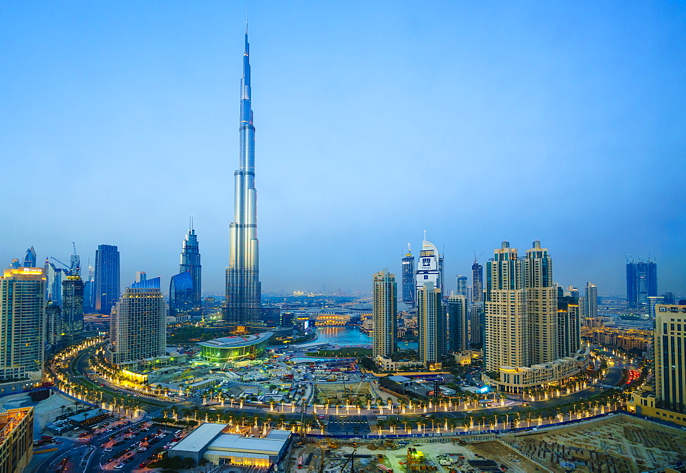 Burj Khalifa and Downtown Dubai at dusk, Dubai, United Arab Emirates, Middle East