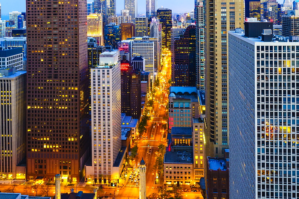 Chicago skyscrapers and North Michigan Avenue at dusk, Chicago, Illinois, United States of America, North America