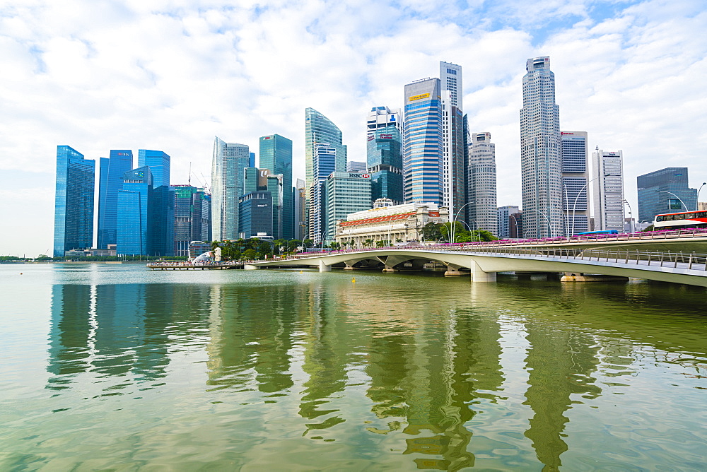 Singapore skyline, financial district skyscrapers with the Fullerton Hotel and Jubilee Bridge in the foreground by Marina Bay, Singapore, Southeast Asia, Asia