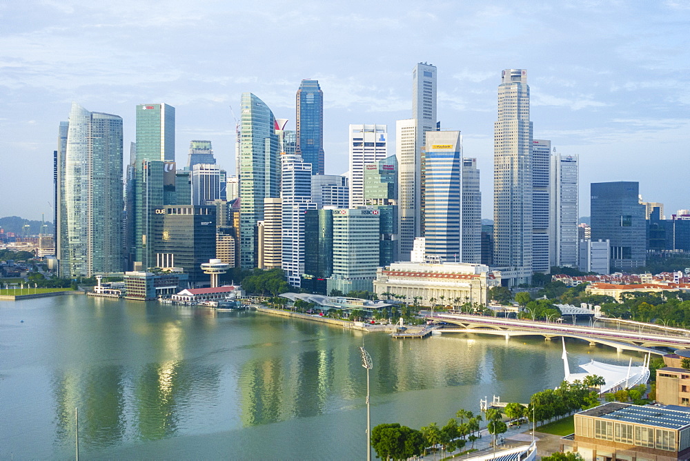 Singapore skyline, financial district skyscrapers with the Fullerton Hotel and Jubilee Bridge in the foreground by Marina Bay, Singapore, Southeast Asia, Asia