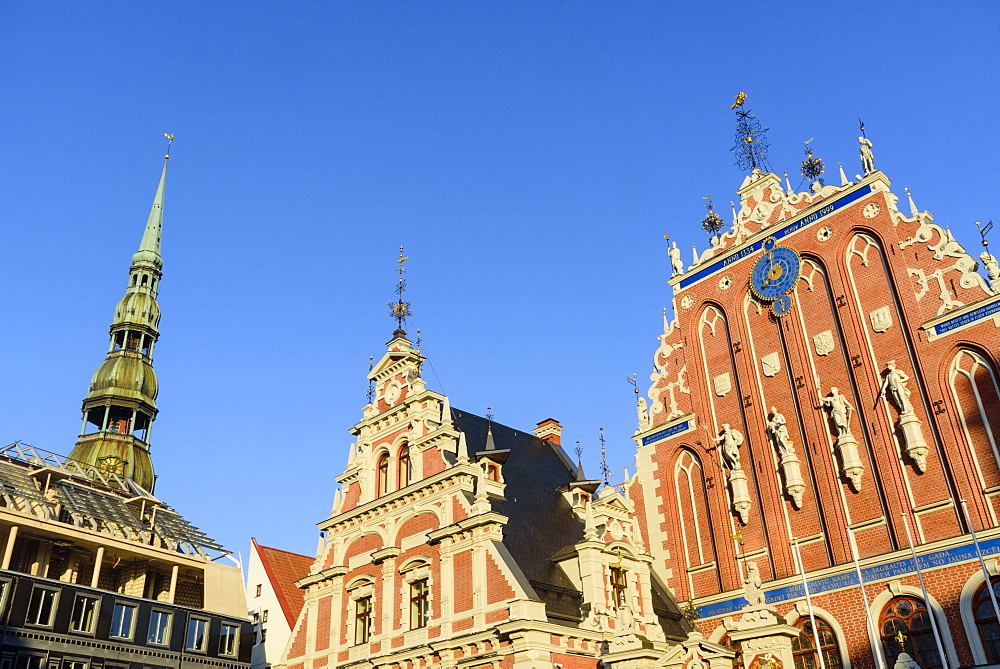 St. Peter's Church's spire, House of Blackheads, Town Hall Square, UNESCO World Heritage Site, Riga, Latvia, Europe