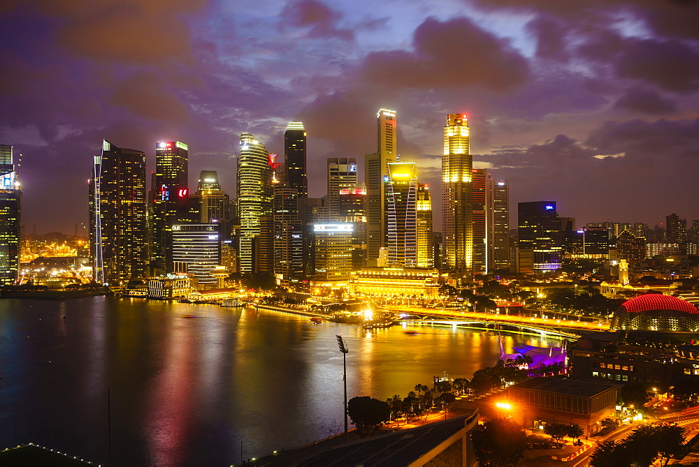 The towers of the Central Business District and Marina Bay at dusk, Singapore, Southeast Asia, Asia