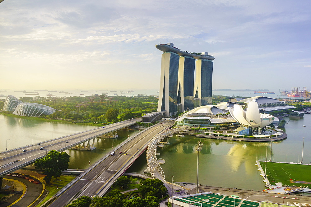 Roads leading to the Marina Bay Sands, Gardens by the Bay and ArtScience Museum at sunrise, Singapore, Southeast Asia, Asia