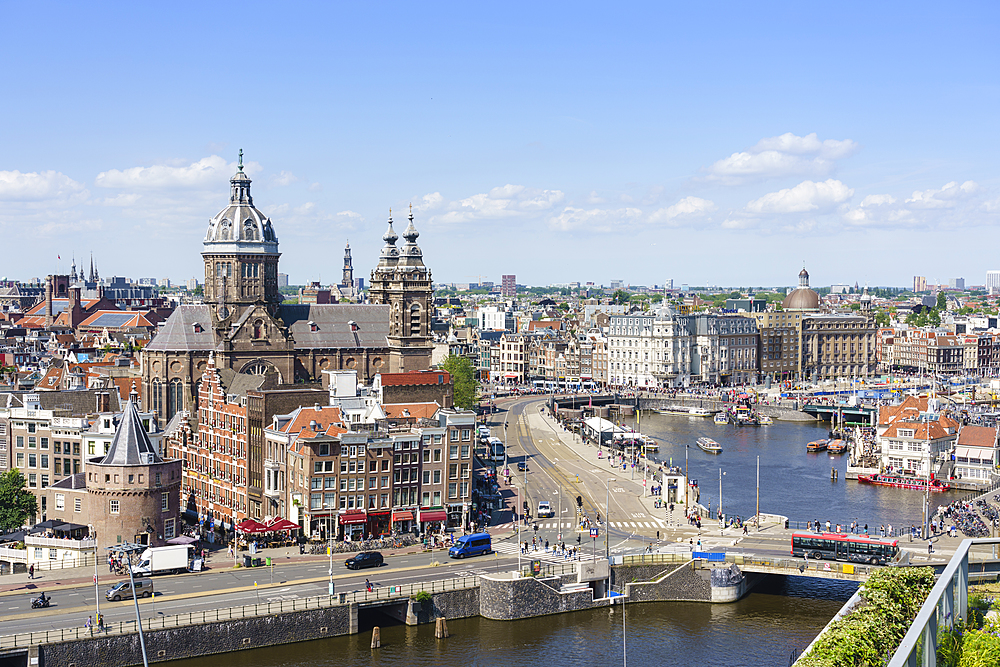 High angle view of central Amsterdam with St. Nicholas Church and tower, Amsterdam, North Holland, The Netherlands, Europe