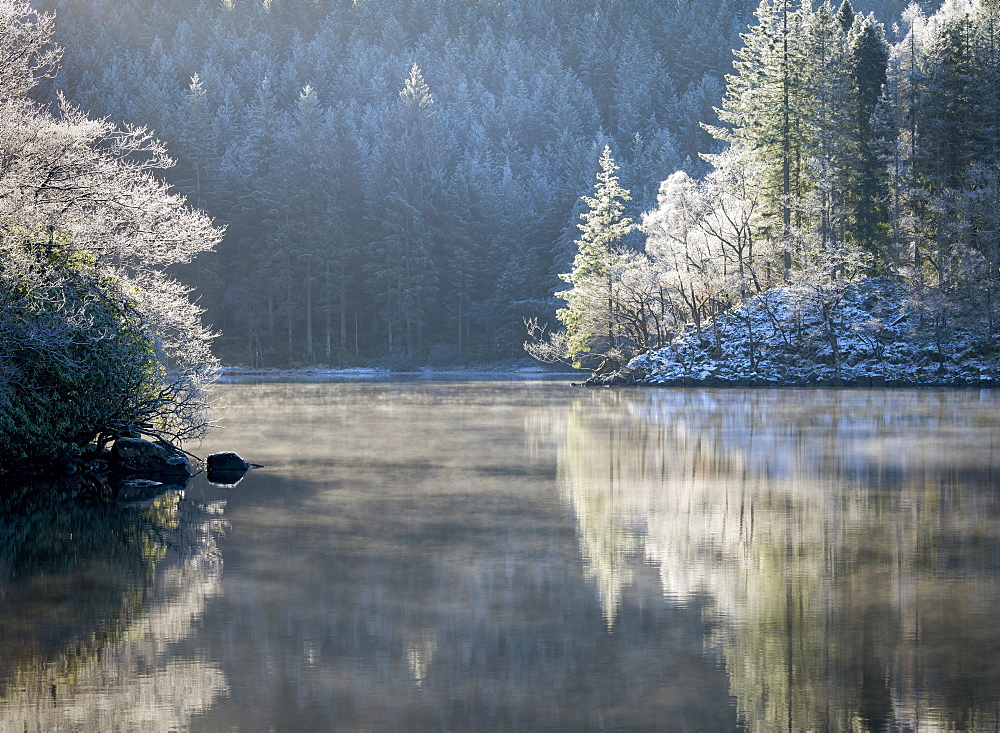 A hoar frost and transient mist over Loch Ard in the Loch Lomond and the Trossachs National Park in mid-winter, Stirling District, Scotland, United Kingdom, Europe