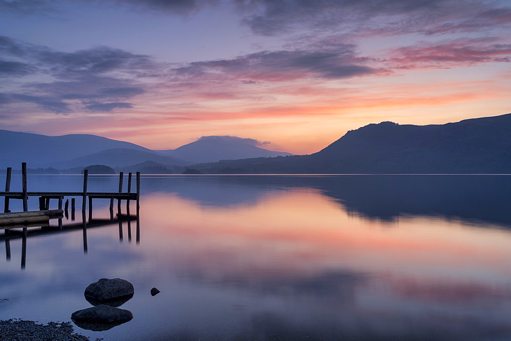 Brandlehow Jetty at dawn, Derwent Water, Lake District National Park, UNESCO World Heritage Site, Cumbria, England, United Kingdom, Europe