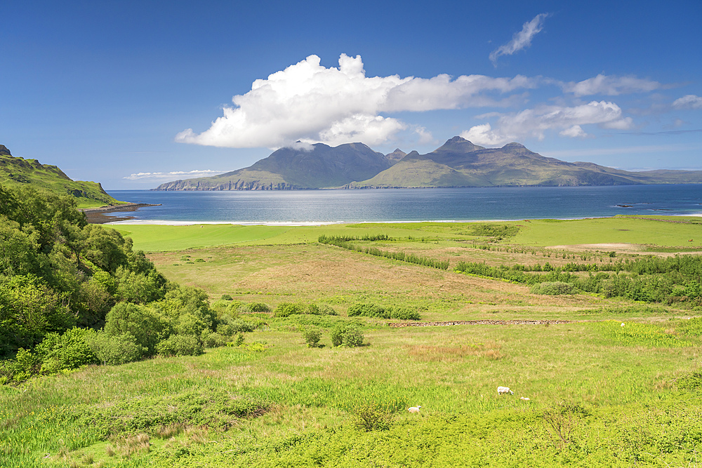 Laig Bay, Cleadale and distant Isle of Rum in mid-summer, Small Isles, Inner Hebrides, Scotland, United Kingdom, Europe