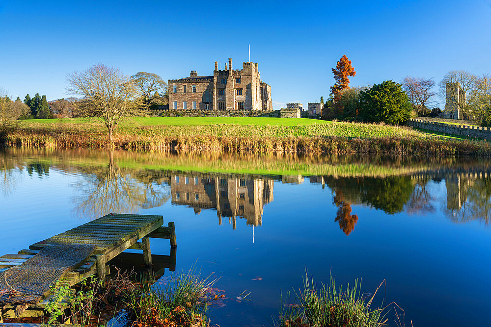 Ripley Caste reflected on the still water of the Lake, Nidderdale, The Yorkshire Dales National Park, Yorkshire, England, United Kingdom, Europe