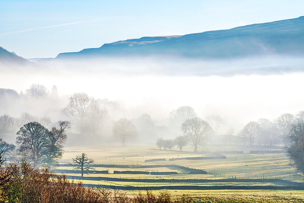 Cloud inversion in mid-winter at Buckden village in Upper Wharfedale, The Yorkshire Dales, Yorkshire, England, United Kingdom, Europe