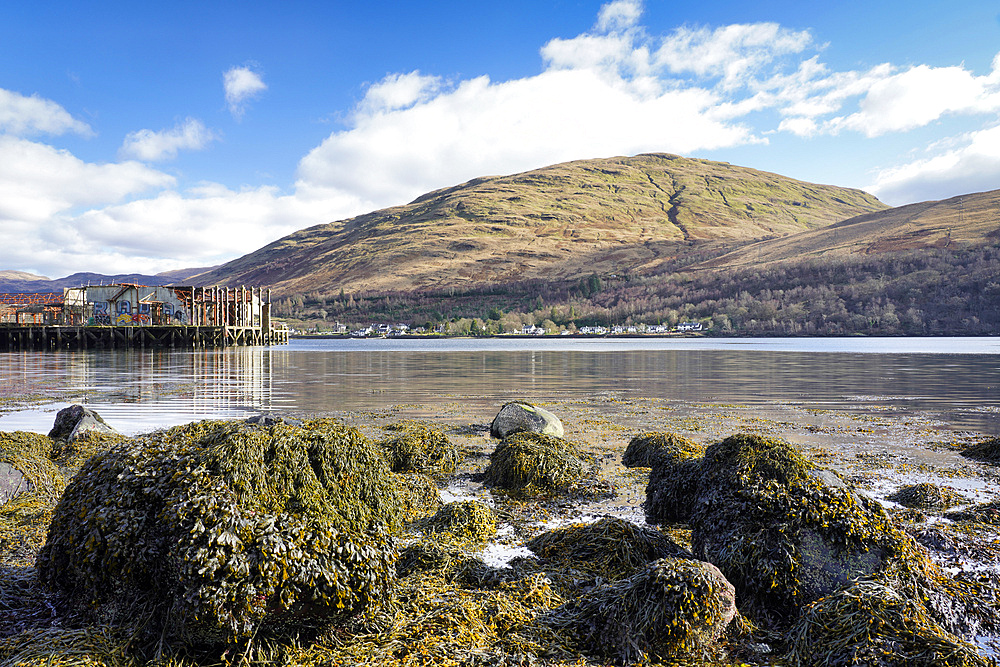 Distant view of the village of Arrochar, Loch Long, Argyll and Bute, Scotland, United Kingdom, Europe