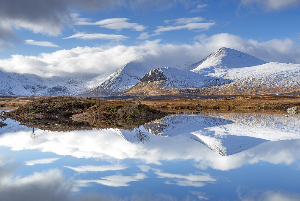 Lochan na Stainge and Black Mount under snow in mid-winter, Argyll and Bute, Scotland, United Kingdom, Europe