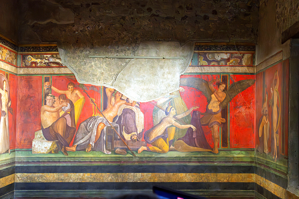 Wall murals in the archeological ruins of Pompeii. A UNESCO World Heritage site. Italy, Europe.