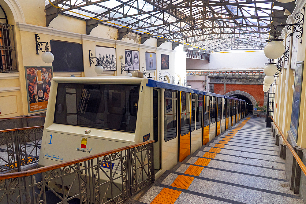 A funicular railway car in a station. Naples, Campania, Italy, Europe.