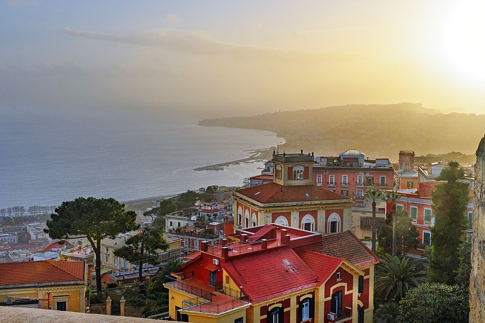 A view of the Bay of Naples at sunset. Italy.