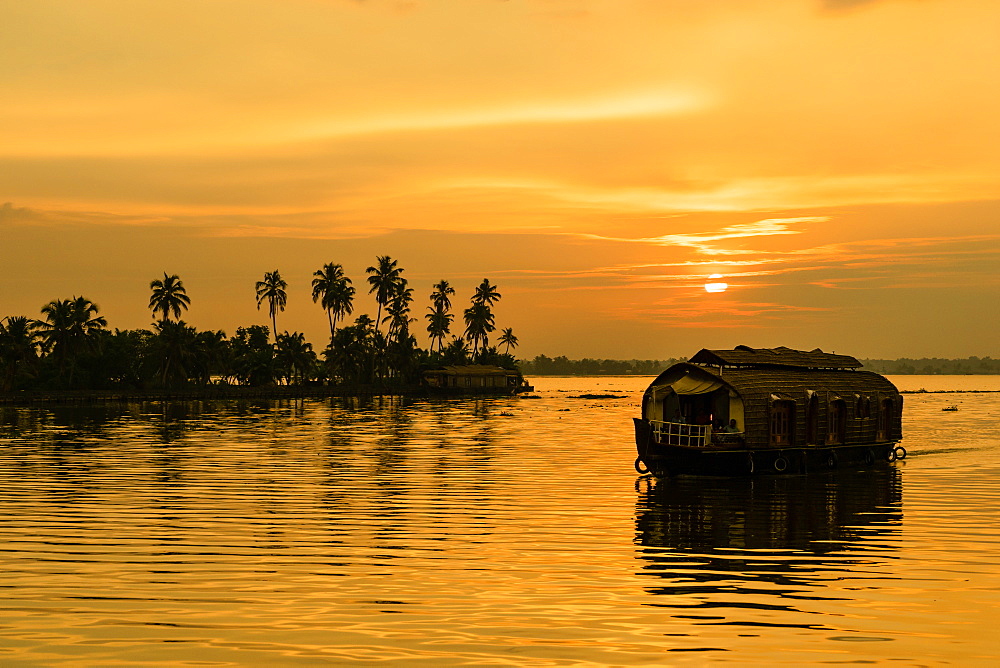 A traditional houseboat moves past the setting sun on the Kerala Backwaters, Kerala, India, Asia