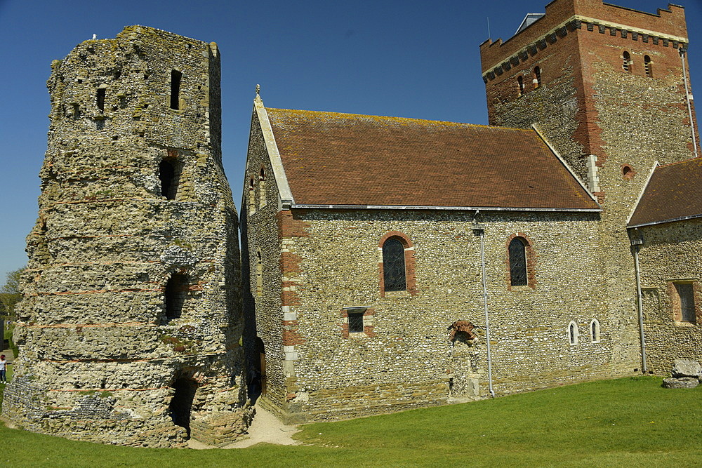 St. Mary in Castro church and Roman Pharos, an ancient lighthouse, at Dover Castle, Dover, Kent, England, United Kingdom, Europe