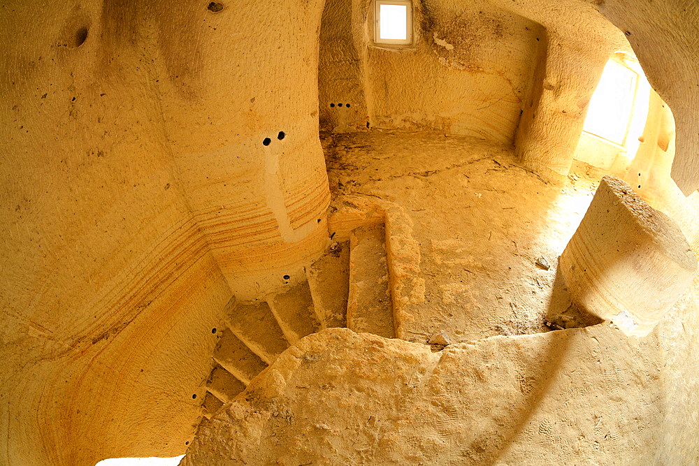 Stairway leading to surface at underground caves, Cappadocia, Anatolia, Turkey, Asia Minor, Asia