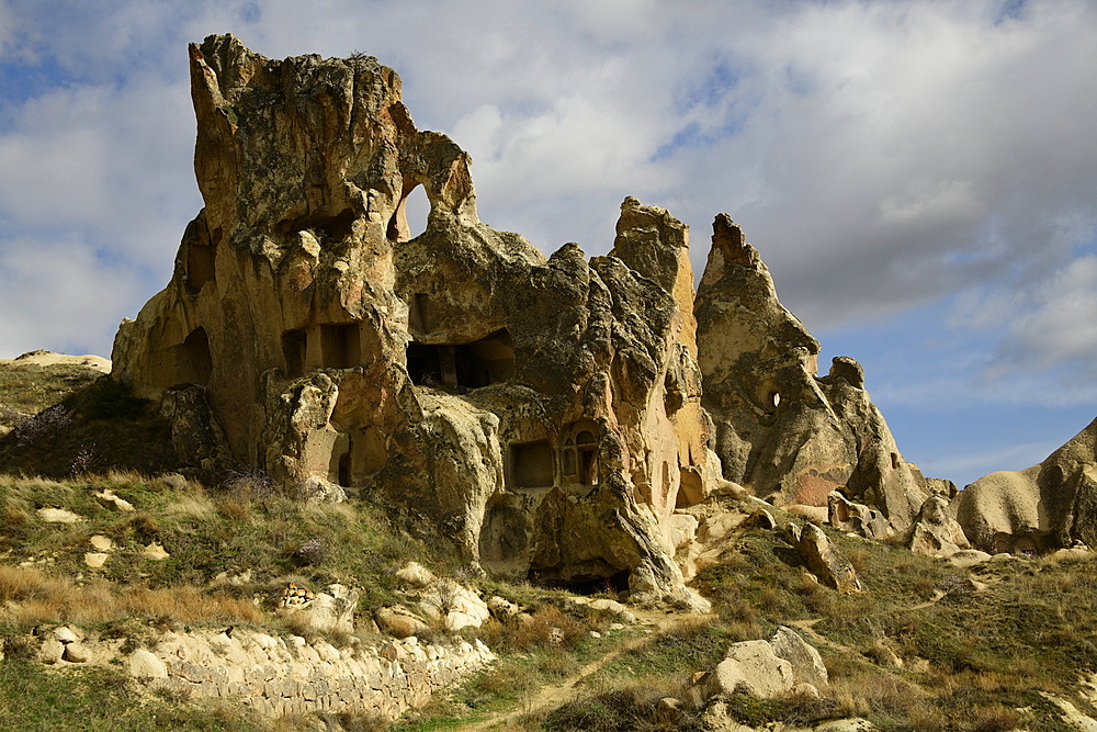 Rock formations and cave houses in Goreme, Cappadocia, Anatolia, Turkey, Asia Minor, Asia