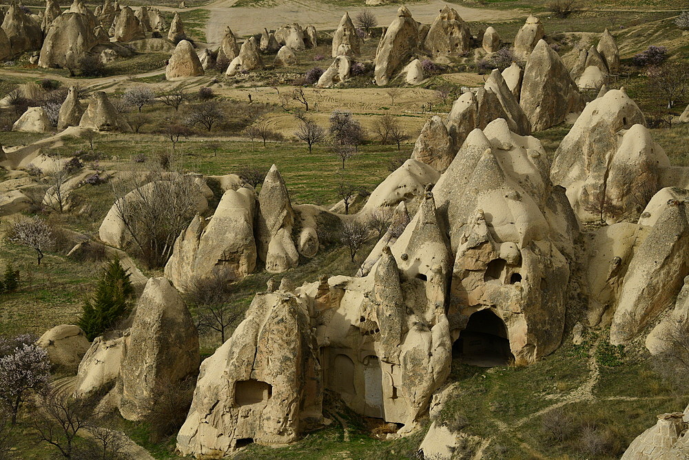 Rock formations and cave houses in Goreme, Cappadocia, Anatolia, Turkey, Asia Minor, Asia