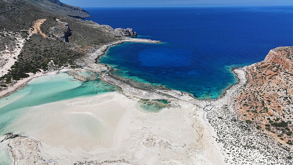 Aerial view of Balos Lagoon, Balos Beach and Cape Tigani, Gramvousa Peninsula, Chania Region, Crete, Greek Islands, Greece, Europe