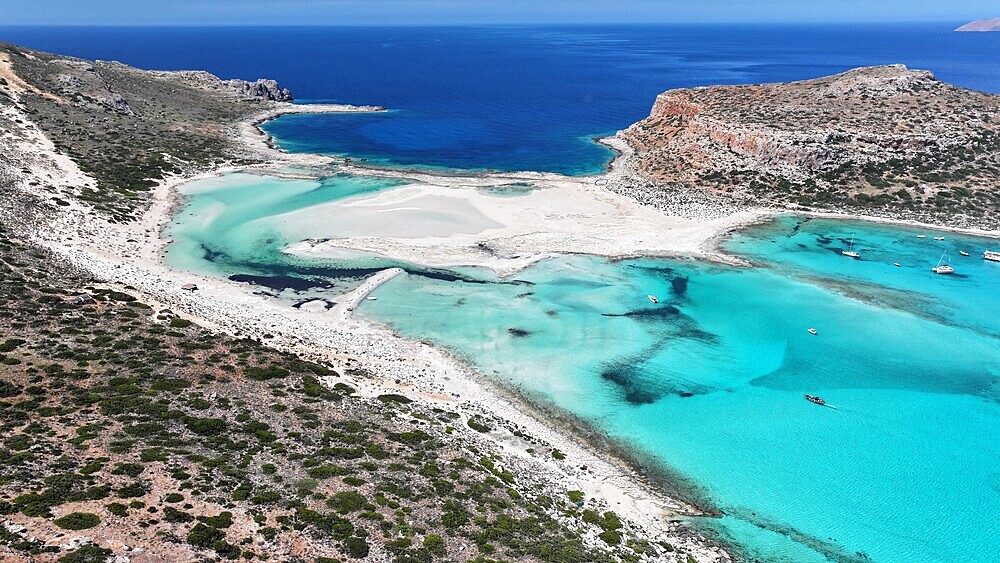 Aerial view of Balos Lagoon, Balos Beach and Cape Tigani, Gramvousa Peninsula, Chania Region, Crete, Greek Islands, Greece, Europe