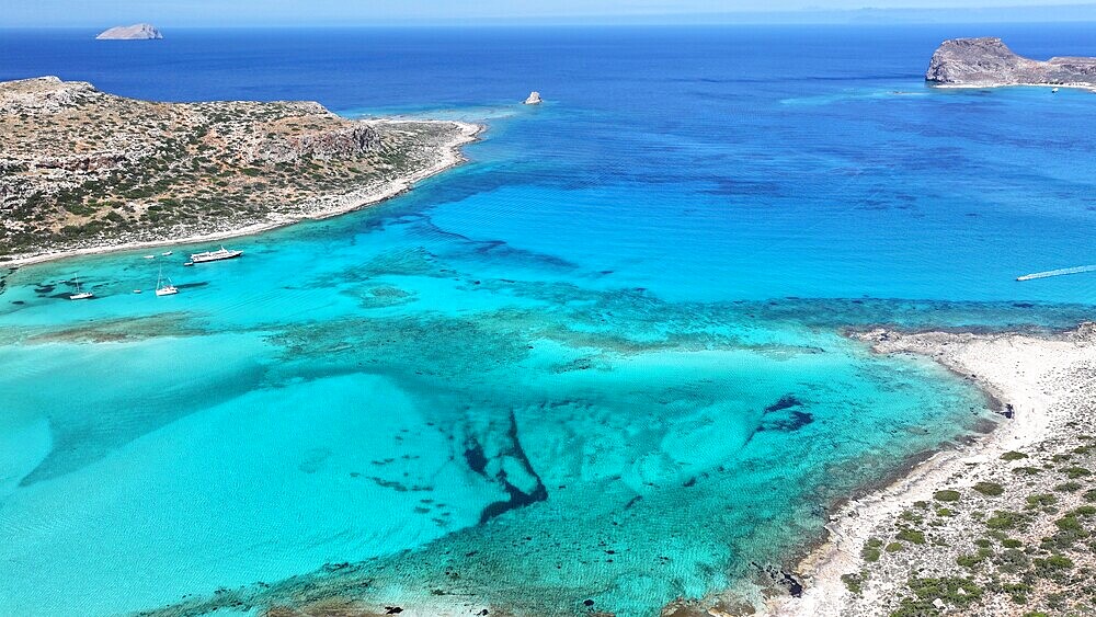 Aerial view of Balos Lagoon, Balos Beach and Cape Tigani, Gramvousa Peninsula, Chania Region, Crete, Greek Islands, Greece, Europe