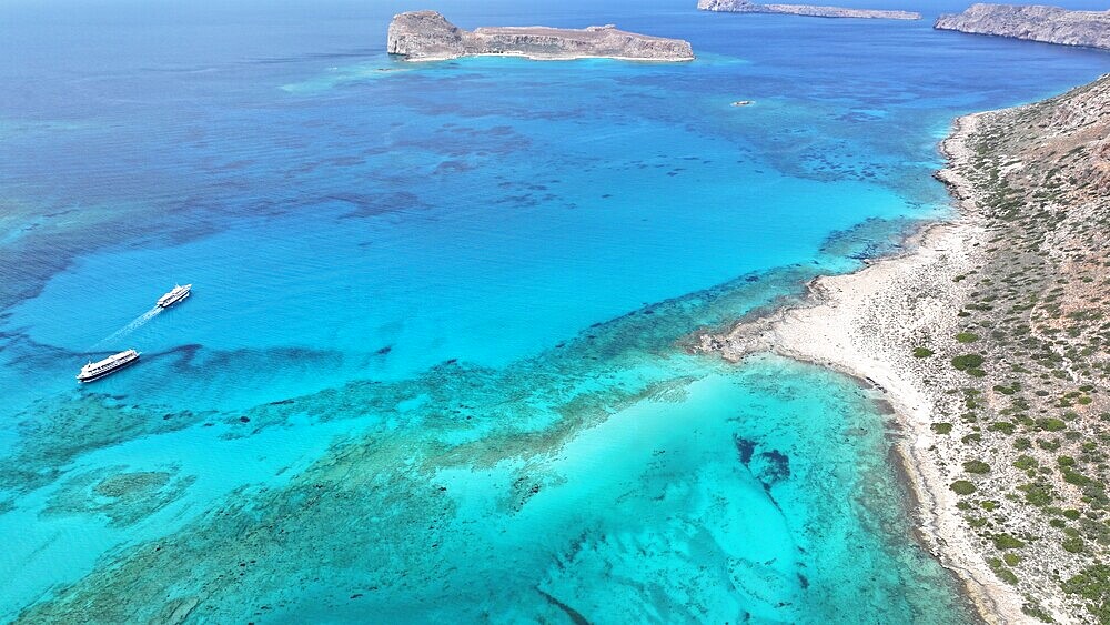 Aerial view of Balos Lagoon, Balos Beach and Cape Tigani, Gramvousa Peninsula, Chania Region, Crete, Greek Islands, Greece, Europe